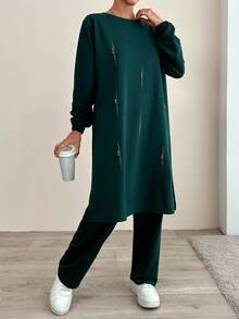 RueChic 100% Cotton Comfortable And Chic Long Sleeve Rhinestone Printed Long Blouse & Pants Jersey Set - Green - View 5
