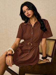 Poéselle Abito mini casual da donna con bottoni frontali, colore tinta unita, adatto per le vacanze - Castano - Visualizzare 2