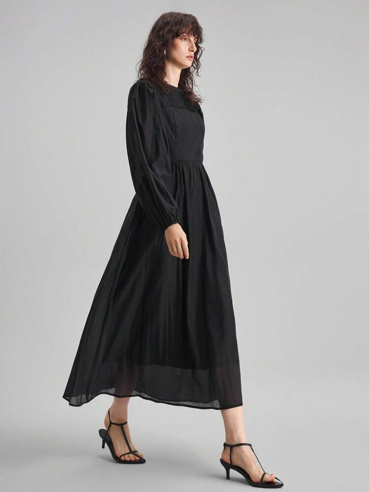 2025 New Women's Long Dress, Autumn/Winter, Modern Urban Style, Women's Dress, Black, Waist-Cinched Loose Fit, Round Neck, Business Casual, Commute, Daily Wear, Autumn/Winter, Christmas, Halloween, Holiday, Vacation, Party, Fitted Silhouette, Women's Dress, Urban Chic, Minimalist Elegant Women's Dress, Pleated Design, Woven Fabric, Women's Dress