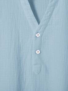 SHEIN Boys Blue Regular Sleeve Plain Polyester Shirt Button Front Stand Collar Regular Length Casual Top, Teen Boy - Blue - View 6