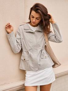 Hanevo 女式纯色翻领拉链运动休闲修身轻便夹克，秋冬 - 淺灰色 - 查看 4