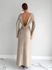 Siren Gaze 女士褶皱腰身连衣裙，金属链条装饰露背连衣裙，性感优雅通勤连衣裙，度假连衣裙，时尚独特，通勤，优雅，性感，度假，海滩，夏威夷，婚礼季，毕业典礼连衣裙，女士正式舞会连衣裙，女士鸡尾酒会连衣裙，褶皱领口，女士生日连衣裙，女士婚纱，露背连衣裙，冬季派对晚礼服 - 杏色 - 查看 8