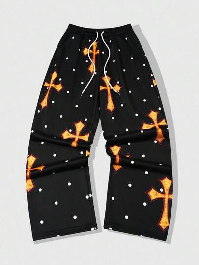Street Life Pantalones de chándal rectos con estampado de cruz y lunares para hombres