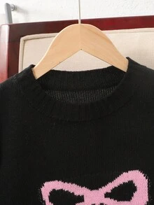 SHEIN Tween Girl Loose Casual Minimalist Comfortable Round Neck Pullover Sweater With Bow Design Fall Winter - Black - View 3