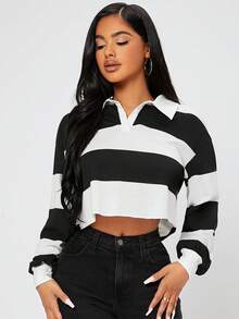 SHEIN PETITE Half Button Colourblock Drop Shoulder Crop Tee - Black and White - View 4