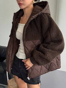 DAZY Women's Autumn/Winter Patchwork Houndstooth Short Lamb Wool Padded Coat Jacket - Brown - View 1