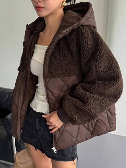 DAZY Áo khoác lông cừu ngắn họa tiết răng sói chắp vá thu/đông dành cho nữ