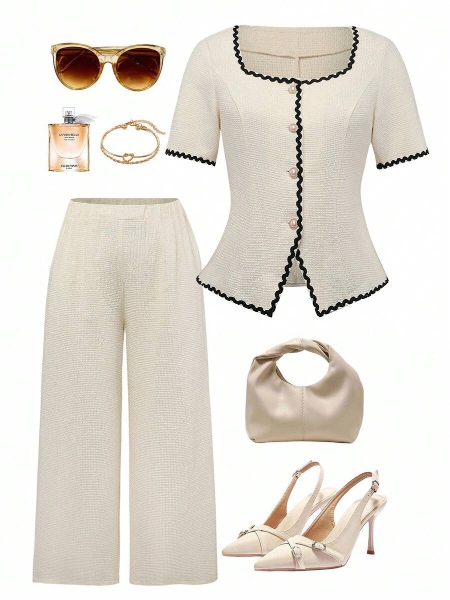 Seusyu Elegant Fashionable Luxury Ribbon Patchwork Short Sleeve Top And Pants 2 Pieces Set, Plus Size, Beige - Apricot - View 1