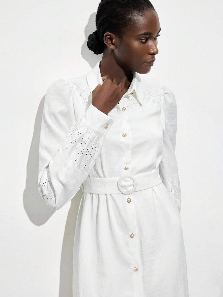 SHEIN Maija Women's White Embroidered Fabric High-End Shirt Collar Design Shirt Dress, Long Modest Vacation Romantic Fashion Bohemian Shirt Collar Design, Shoulder Epaulet Long Sleeve Ruched Waist A-Line Hem Beach Vacation Outfit, Boho Isabelline Island Vacation Style, Summer Dopamine Vacation Outfit, Countryside Music Festival Western Style Dress Modern Vacation Nomadic Casual Fashion All-Match Women's Country Concert Clothing Western Style Women's Clothing Nomadic Style Bohemian High-End Elegance A
