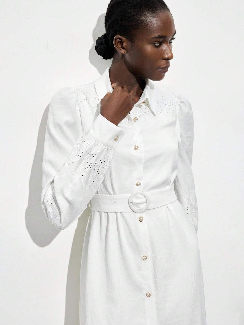 SHEIN Maija Women's White Embroidered Elegant Shirt Dress,Autumn Tea Party High-End Long Sleeve Modest A-Line Hem Bohemian Vacation Boho Fashion Outfit