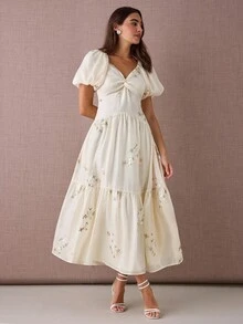 Enchnt 女式 V 领扭纹前泡泡袖 A 字长连衣裙 - 杏色 - 查看 5