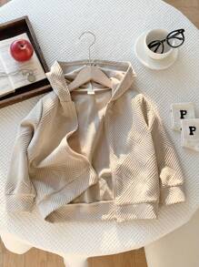 SHEIN 1pc Young Boys' Casual College Style Textured Fabric Zip Up Jacket, Suitable For Autumn And Winter School Fall - Apricot - View 3