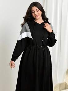 Modelyn Plus Size Women Long Sleeve Drawstring Casual Autumn/Winter Hooded Color Block Cinched Waist Dress Fall Cloth For Women - Black - View 5