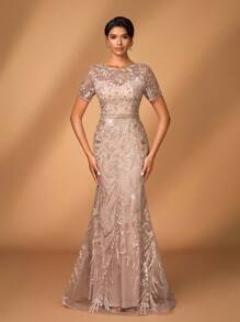 Serin Elegant Luxurious Embroidered Lace Sequin Floral Design With Faux Pearl Sheer Sleeve Dress, Suitable For Wedding, Party, Vacation, Prom, Evening Gown, Mother Of The Bride, Valentine's Day - Pink - View 6