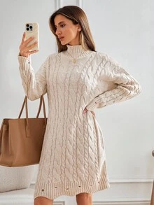 SHEIN Tall Rochie de damă înaltă, cu guler înalt, cu mânecă lungă, casual, tricotată, cu guler înalt - Caisă - Vizualizare 6
