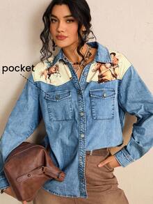 Freevana Áo sơ mi denim màu denim phong cách du mục đã giặt dành cho nữ cỡ lớn - Nhiều màu - Xem 1