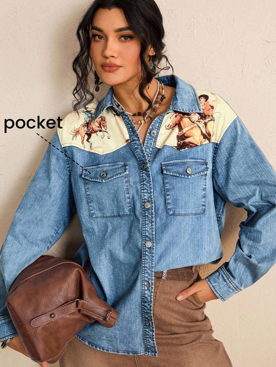 Freevana Áo sơ mi denim màu denim phong cách du mục đã giặt dành cho nữ cỡ lớn - Nhiều màu - Xem 1