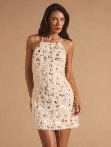 Glamine Glänsande sexig rygglös paljett-off-shoulder miniklänning, lämplig för bröllopsgäster, tillbaka till skolan, elegant damklänning, sexig klänning, festklänning, höst, aftonklänning, bröllopsgästklänning, romantisk klänning, höst-/vinterkläder, födelsedagsklänning, festklänning, elegant klänning, romantisk klänning, höstkläder, countrymusikfestivaloutfit, bröllopsgäst - Aprikos - Visa 7