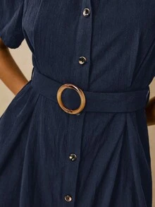 Poéselle Women's Minimalist Commuter Button-Up Belted Mini Shirt Dress - Navy Blue - View 4