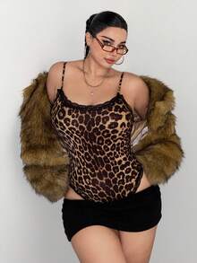 SHEIN EZwear 大码豹纹细肩带紧身衣，简约时尚，适合夏季 - 彩色 - 查看 4