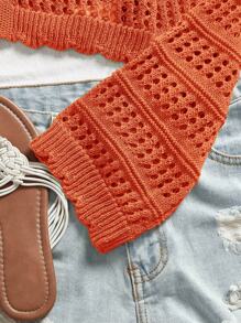 Travachic Áo khoác cardigan dệt kim màu trơn, kiểu dáng thường ngày, họa tiết khoét lỗ, thích hợp cho nữ, kiểu buộc dây phía trước, áo len màu cam, áo cardigan dệt kim hở, phong cách thường ngày cho nữ, mùa thu, thanh lịch, thích hợp đi chơi, sang trọng, áo dệt kim, áo len móc. - trái cam - Xem 3