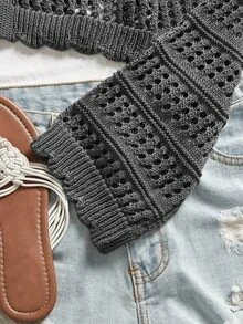 Travachic 女士休闲度假纯色镂空针织开衫，钩针开衫，灰色钩针上衣，休闲女装风格，秋季女装，时尚秋季，外出，优雅，针织上衣，钩针毛衣