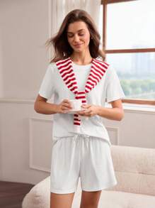 Hanevo Women's Casual Summer All White Loungewear Set,Ribbed Knit Round Neck Short Sleeve T-Shirt And Drawstring Waist Slant Pocket Shorts Set,Autumn Sports - White - View 5
