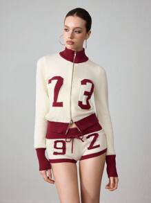 ROMWE Avant 2pcs Women Millennium Babe Retro Numeric Pattern Cardigan And Shorts Knit Set - Apricot - View 4