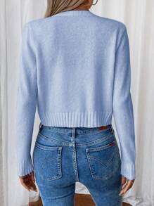 EMERY ROSE Women's Solid Color Gold Button Edge Ribbed Design Cropped Cardigan, Suitable For Spring And Autumn Fall Winter Cloth For Women - Teal Blue - View 2