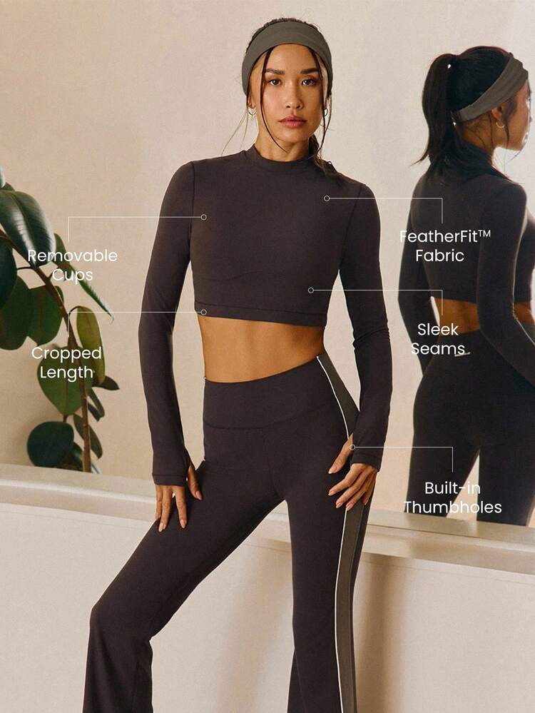 FeatherFit™ Flattering Seams Cropped Length Long-Sleeve Top With Thumbholes Low Impact Yoga Pilates Studio Daily Casual Wear Removable Cups  Spring Summer