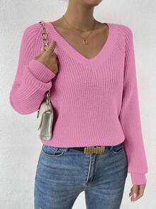 EMERY ROSE Women's Solid Color Minimalist Everyday Knit Long Sleeve Sweater Fall Winter Cloth For Women - Pink - View 4