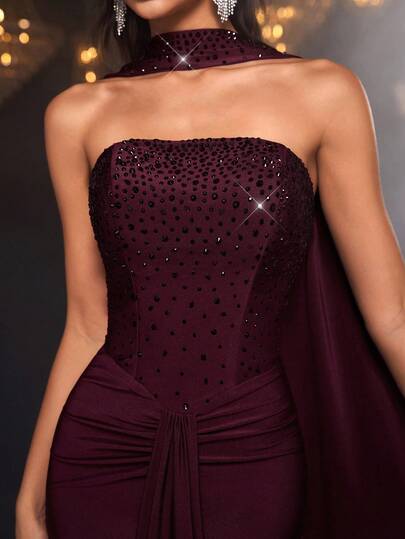 Glamrae Vestido sereia elegante, luxuoso, com strass, sexy, estilo bandeau, de malha elástica, adequado para casamentos, festas de solteiros, férias, galas e eventos formais (com muitos enfeites)