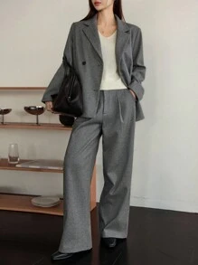 Dazy-Less 女士宽松商务休闲格子西装套装，深色底色优雅办公室通勤西装外套和直筒裤，秋冬 - 灰色 - 查看 4