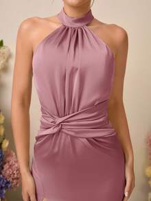 SHEIN Belle Elegant Romantic Satin Halter Neck Sleeveless Ruched Twist Mermaid High Slit Backless Dress, Suitable For Weddings, Events, Dates, Bridesmaid - Dusty Pink - View 6