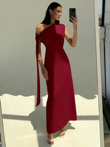 Aloruh Elegant Oblique Shoulder Tie Waist Slim Fit Maxi Dress, Minimalist Commuter Style, Light Green,Prom Dress,Fall Wedding Guest Dress - Burgundy - View 7