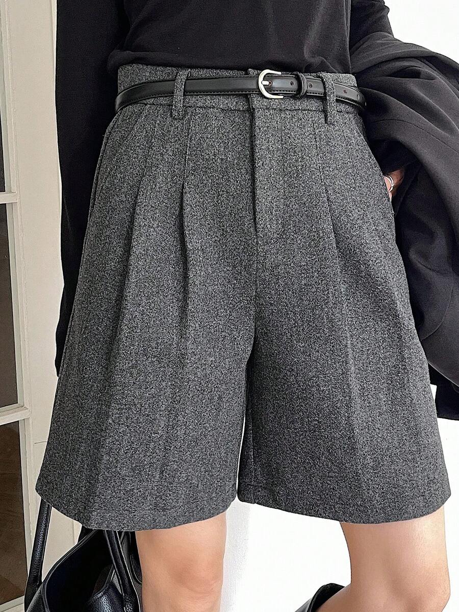 DAZY 女士纯色直筒宽松百慕大短裤，带口袋，休闲秋冬款 - 灰色 - 查看 1