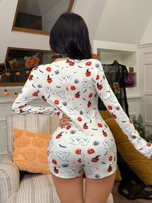 SHEIN Women's Knitted V-Neck Button Halloween Ghost & Pumpkin Pattern Pajamas Romper, Fall  Cozy And Elegant Details Halloween Pajamas Women Women Halloween Romper Ghost Print Pajamas Pajama Romper For Women Halloween Pajama Romper - Multicolor - View 2