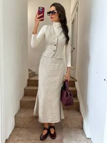 Easowa 秋冬杏色背心和长裙女套装，适合日常通勤和办公室穿着粗花呢两件套两件套裙套装女士两件套女士优雅女士粗花呢套装粗花呢裙套装女士教师装商务休闲女士纽扣衬衫女士金属纽扣女士套装两件套秋季套装商务休闲 - 杏色 - 查看 4