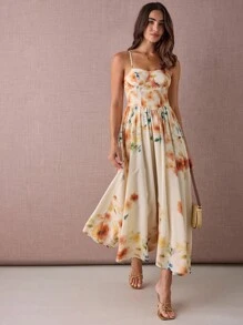 Enchnt Fall/Winter Romantic Women's Apricot Floral Print Spaghetti Strap Princess Maxi Dress - Yellow - View 4
