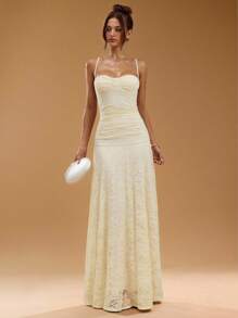 SHEIN BAE Váy ren dài siêu dài màu mơ thanh lịch, bó sát, xếp nếp, váy ren in họa tiết, trang phục dự tiệc cưới, váy ren, váy thanh lịch - Màu be - Xem 1