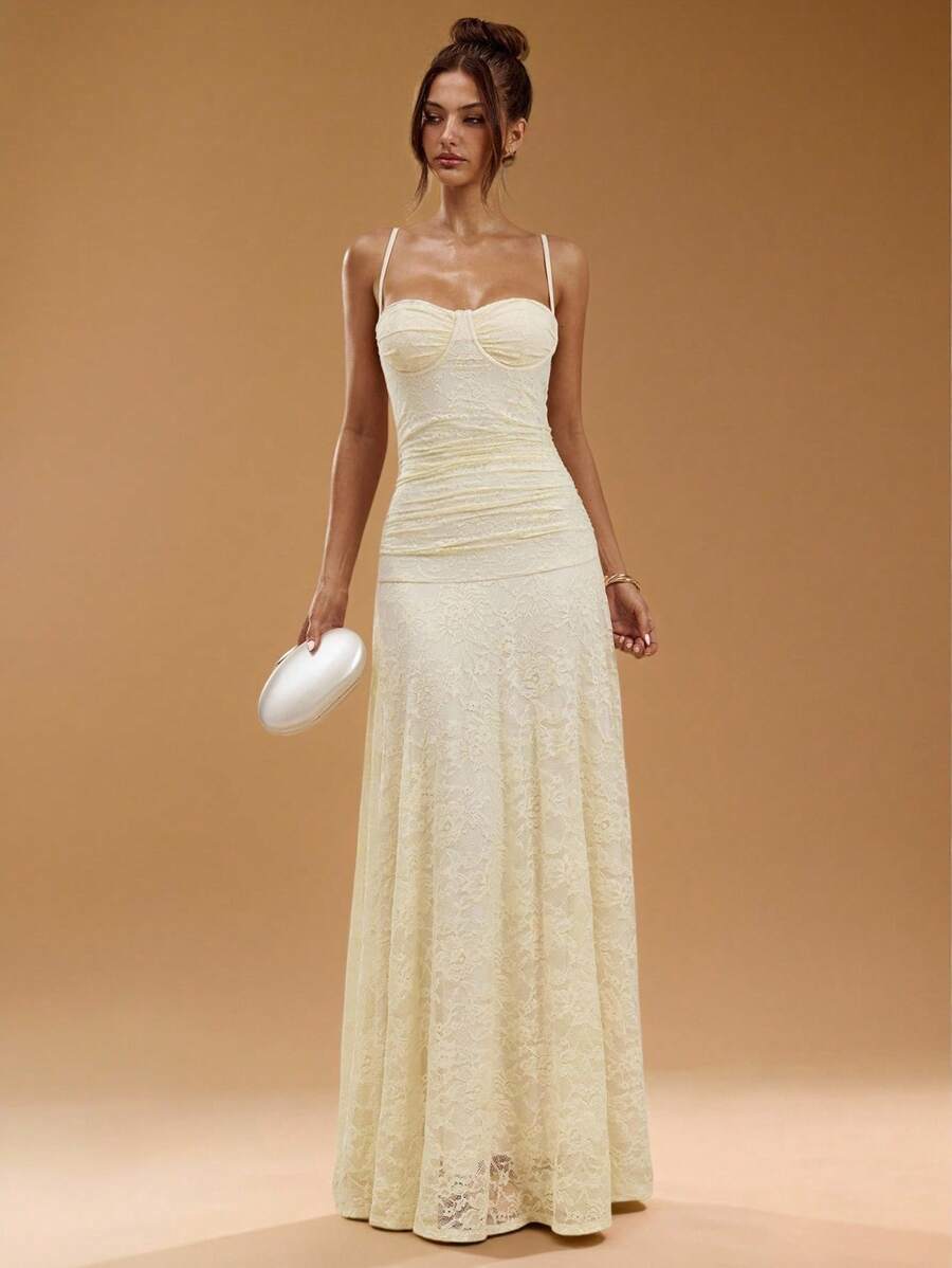 SHEIN BAE Váy ren dài siêu dài màu mơ thanh lịch, bó sát, xếp nếp, váy ren in họa tiết, trang phục dự tiệc cưới, váy ren, váy thanh lịch - Màu be - Xem 1