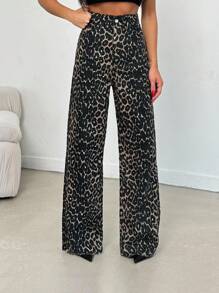 EURMUSE 100% Cotton MID RISE WIDEEG CUT LEOPARD PETITE JEAN - Multicolor - View 3