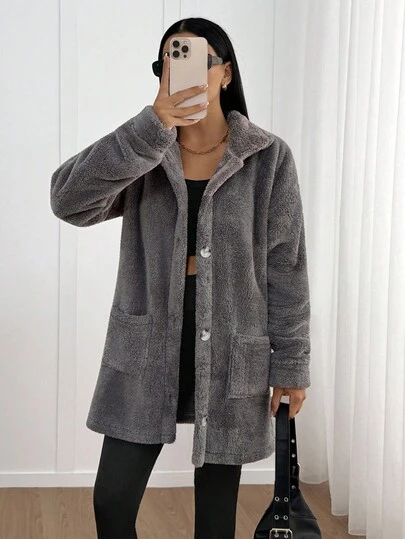 EURMUSE Kurtka damska, jesienna, ciemnoszara, kieszeń, miękka tkanina, miękka kurtka polarowa, guziki