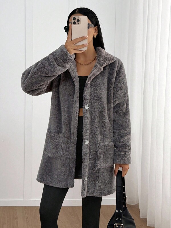 EURMUSE Women, Autumn, Jacket, Dark Grey, Pocket, Soft Fabric, Soft Fleece Jacket, Button Grey Jacket Long Jacket For Women Oversized Jacket Warm Clothes Women Comfy Outfits Women