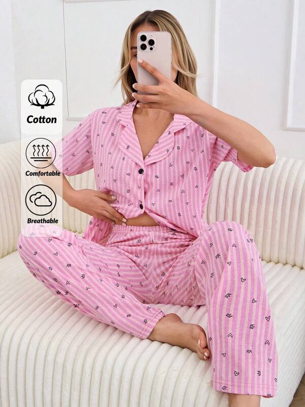 EURMUSE Women 2 Pcs Button Front With Striped&Cute Heart Pattern Detail Homewear Cute Pajama Set Women S Pajama Women S Pajama Pants Women Pj Set Short Women Nighty Pajama Sets For Women Pants