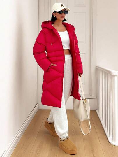 EURMUSE Women Solid Color Zipper And Pocket Detailed Long Winter Coats