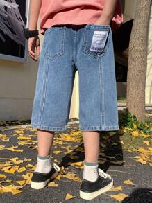 SHEIN Teen Boy Fashion Casual Patch Details Design Blue Conical Loose And Comfortable Basic Daily Simplicity Denim Shorts For Teen Boy Clothes Boys Costume Dailywear And Teen Boy Summer And Spring Rave Outfits Festival And Beach Outfits Clothes
