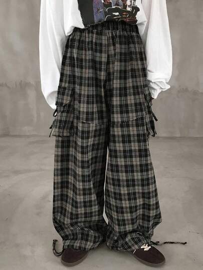 FRIFUL 女式松紧腰侧开口袋装饰宽松阔腿裤可调节下摆系带格子图案格子裤Emo裤桶裤格纹裤宽裤秋季