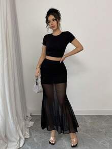 SHEIN Tall 女士纯色半透明拼布半身裙 - 黑色 - 查看 3