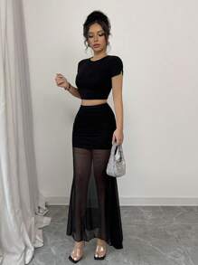 SHEIN Tall 女士纯色半透明拼布半身裙 - 黑色 - 查看 5
